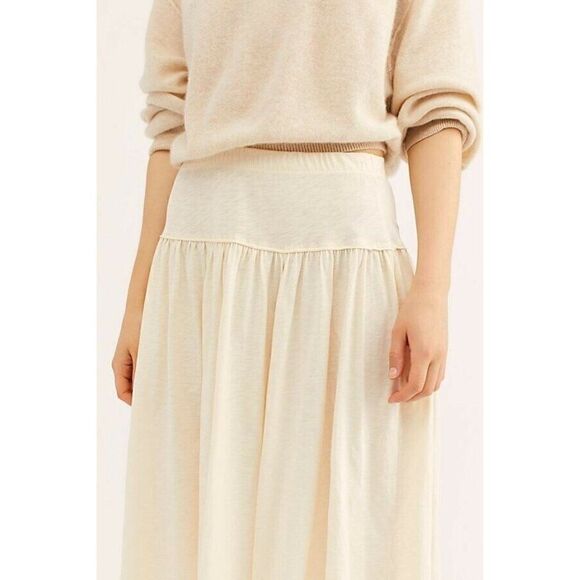 NEW FREE PEOPLE FP BEACH Sz S EVELYNE MIDI SKIRT COTTON ASYMMETRICAL HEM IVORY - Picture 3 of 3